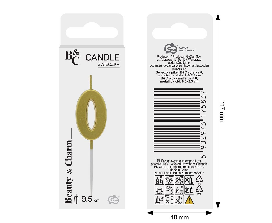 B&C pick candle digit 0, metallic gold, total lenght 9,5 cm